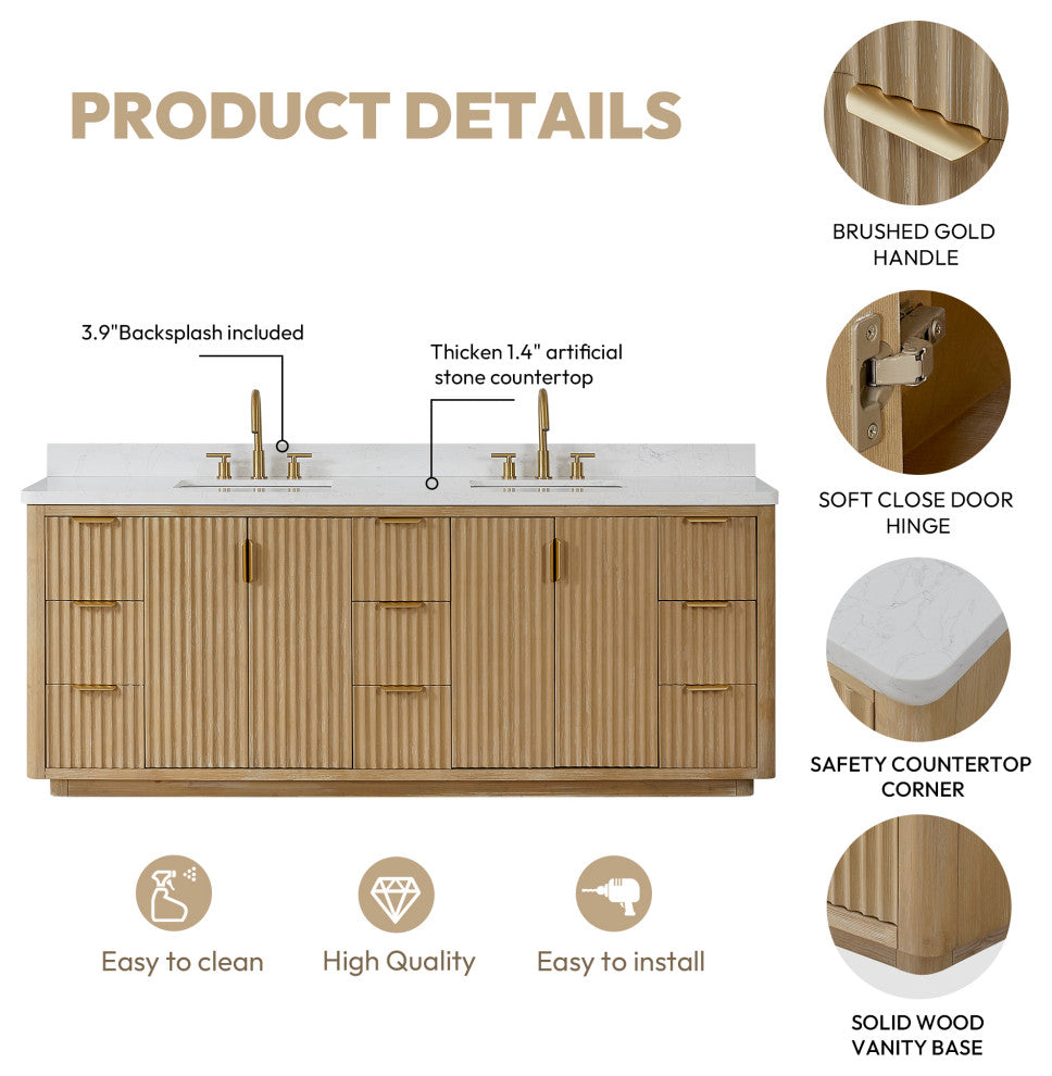 Vinnova Cadiz Bath Vanity, Composite Stone Top, Washed Ash Grey, 84", No Mirror