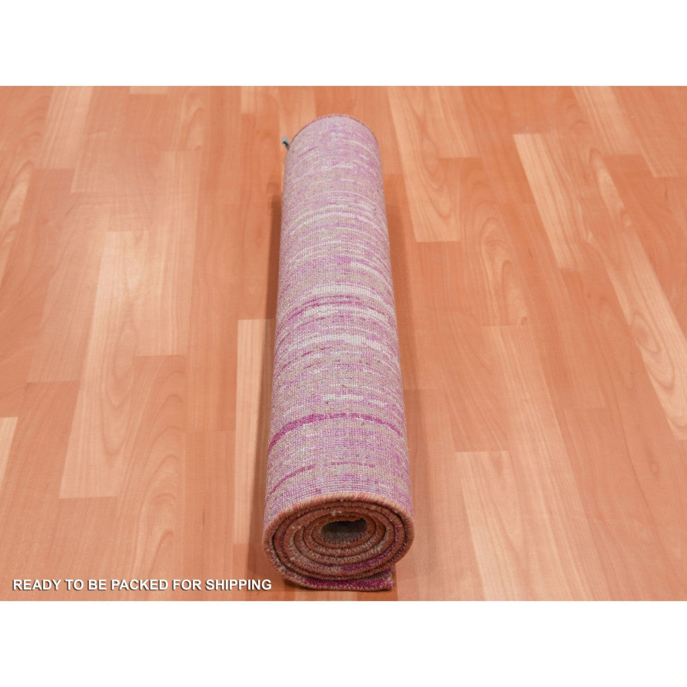 Pink Hand Knotted Vertical Ombre Design Natural Wool Runner Rug, 2'6"x6'5"