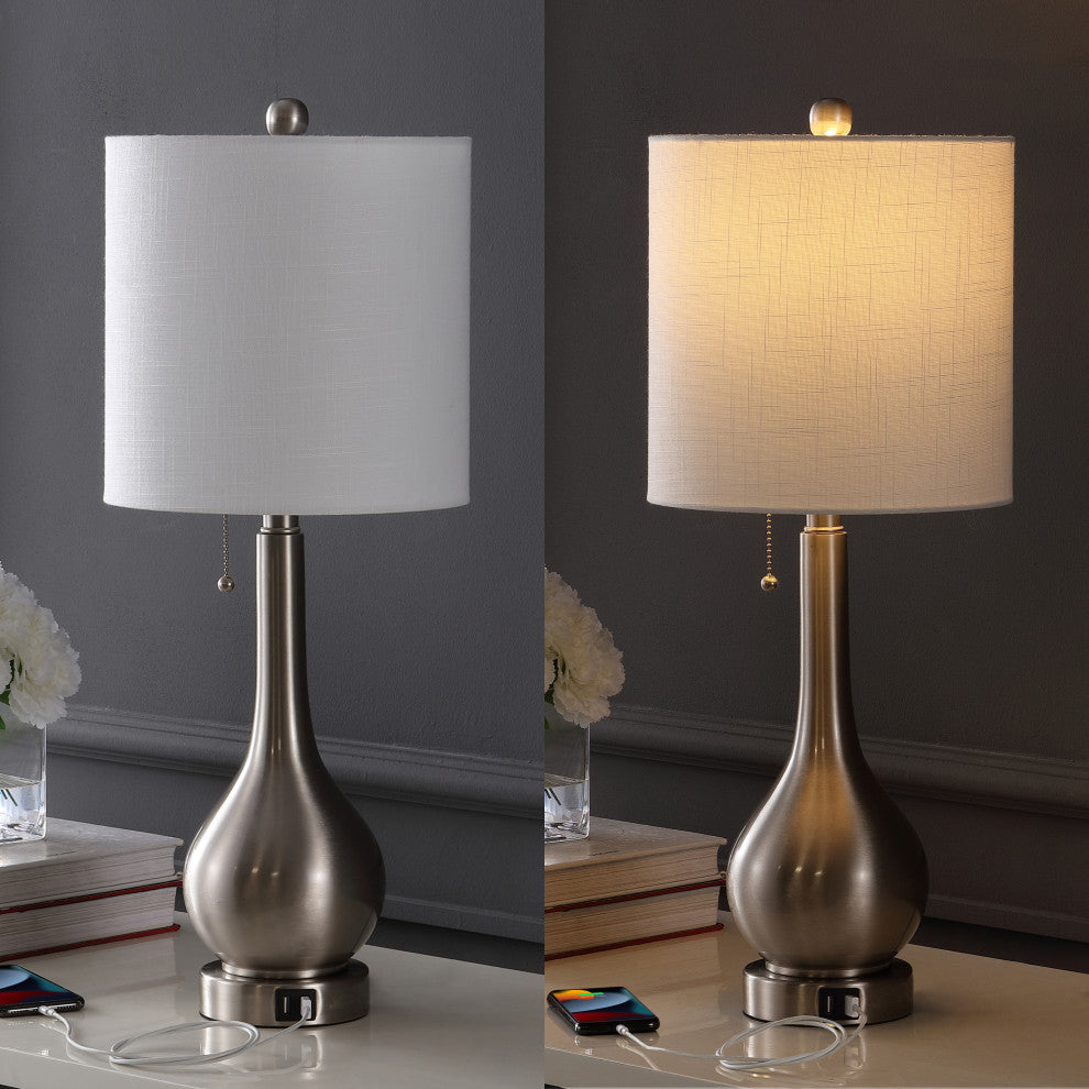 Tyler 24" Gourd Iron LED Table Lamp With Pull-Chain, USB Ports, Set of 2, Nickel