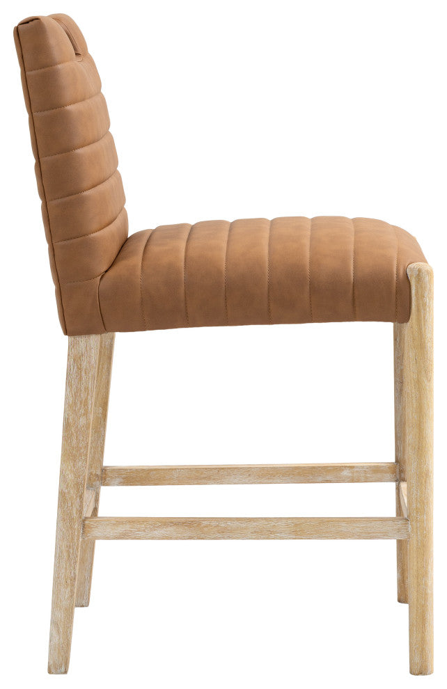 Aimee Upholstered Counter Stool, Cognac, Vegan Leather, Natural Oak Finish
