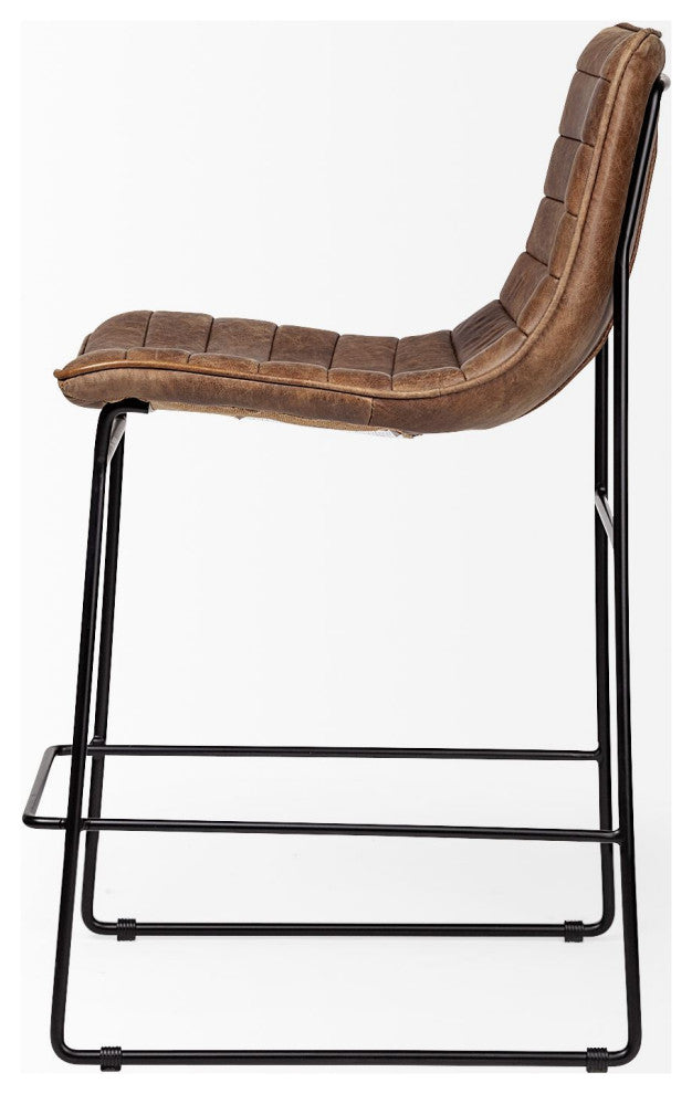 Meritt Brown Genuine Leather Seat with Black Metal Frame Counter Stool