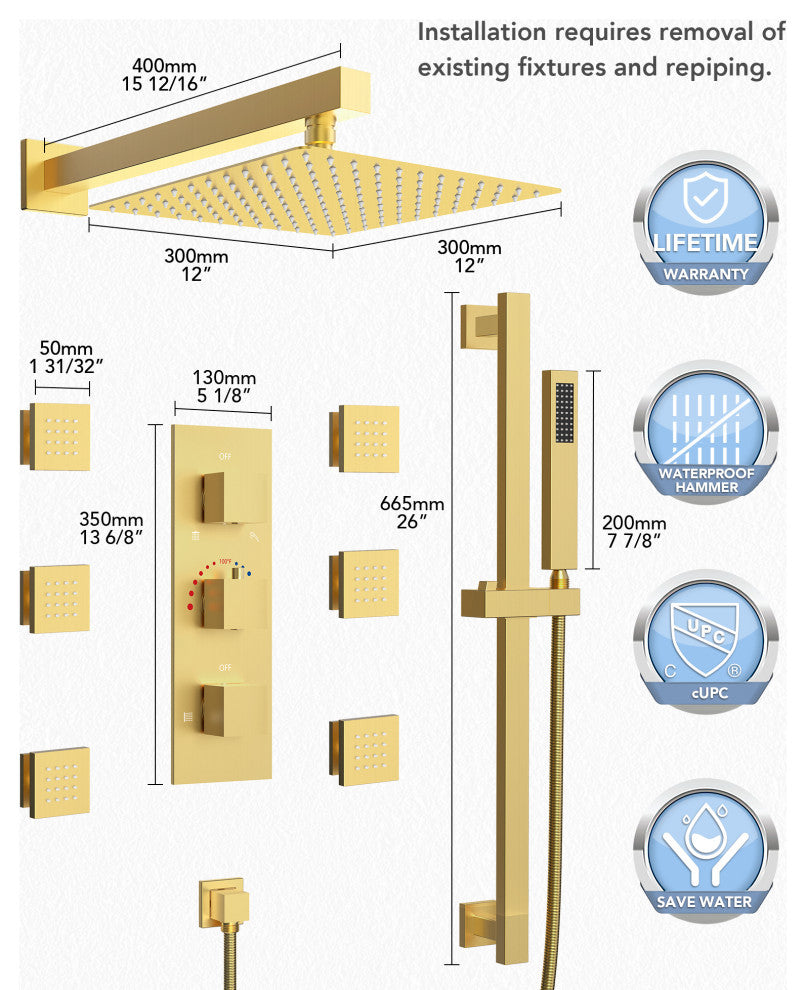 Thermostatic Shower Faucet 12" Rain Shower Head with Handheld Slide Bar System, Brushed Gold