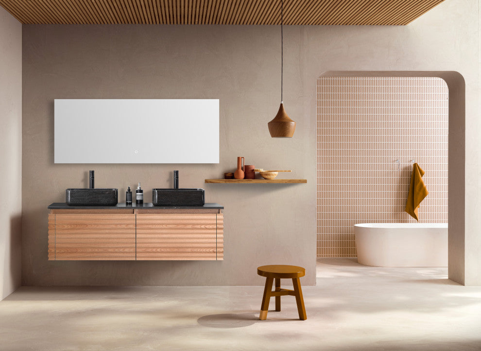 OCALA Wall Mount Modern Bathroom Vanity, Maple, 60", Double-Sink