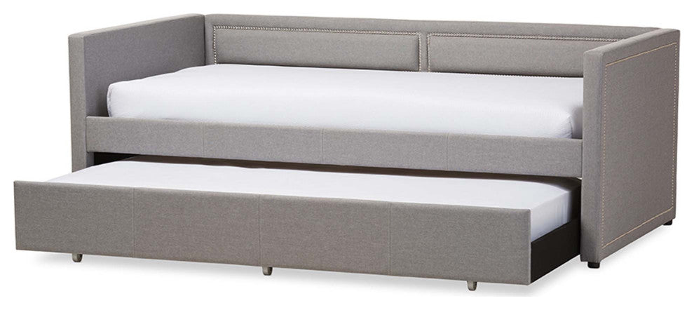 Keegan Linen Fabric Nail Heads Trimmed Sofa Twin Daybed With Trundle, Gray