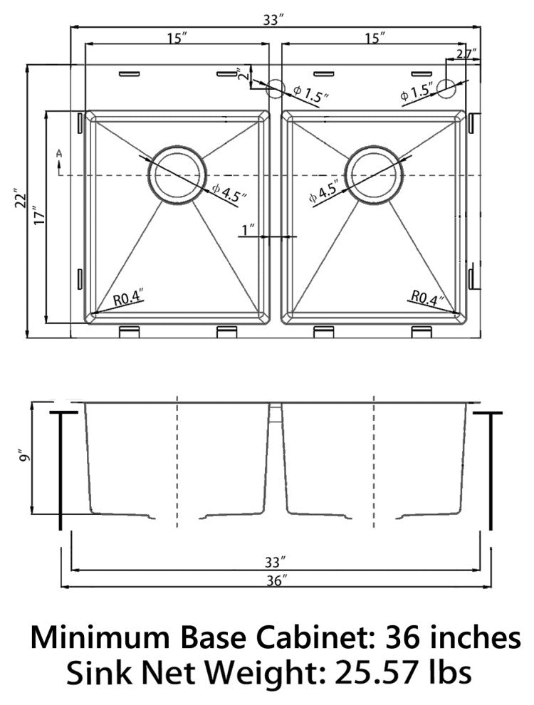 Sinber Double Bowl Kitchen Sink with 304 Stainless Steel Satin Finish, 33"x22"x9", Drop in