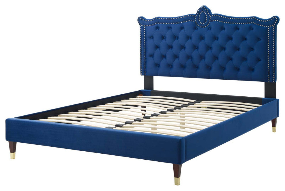 Platform Bed Frame, Nailhead, Queen Size, Blue Navy, Velvet, Modern