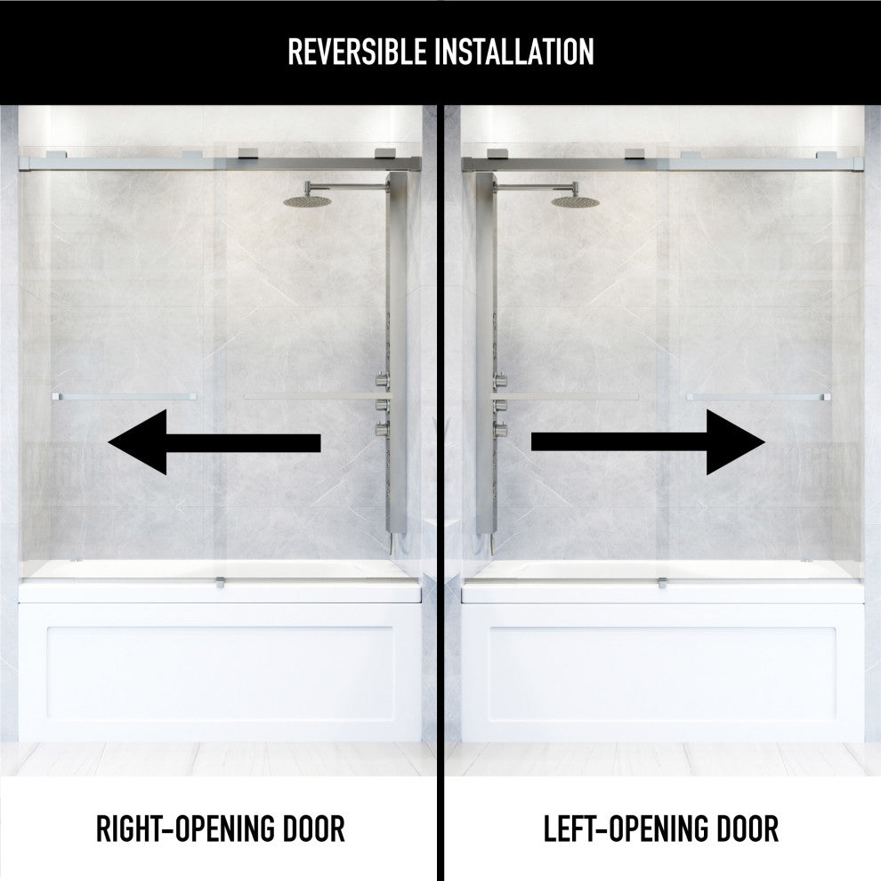 VIGO Houston Frameless Sliding, V-Motion, Stainless Steel, Tub Door, 56" to 60" W X 66" H, Clear Glass