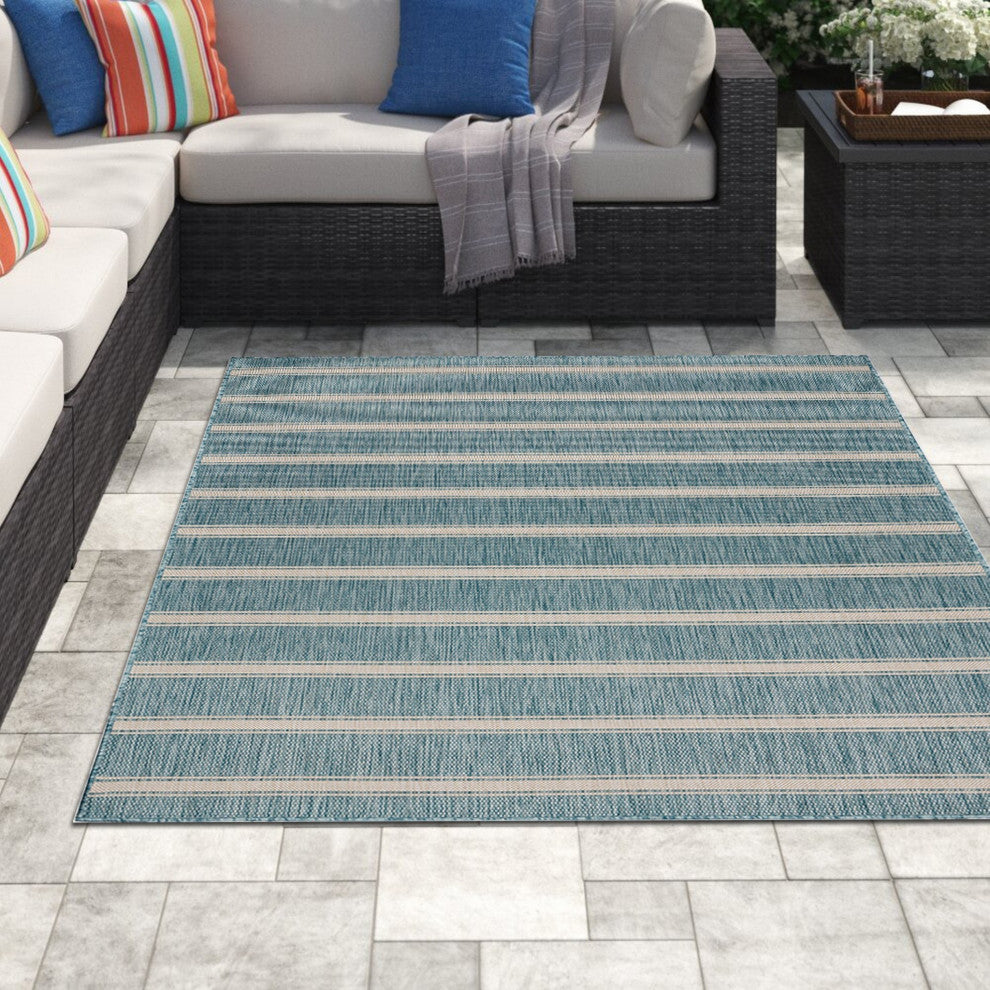 8" x 10" Teal Striped Indoor Outdoor Area Rug