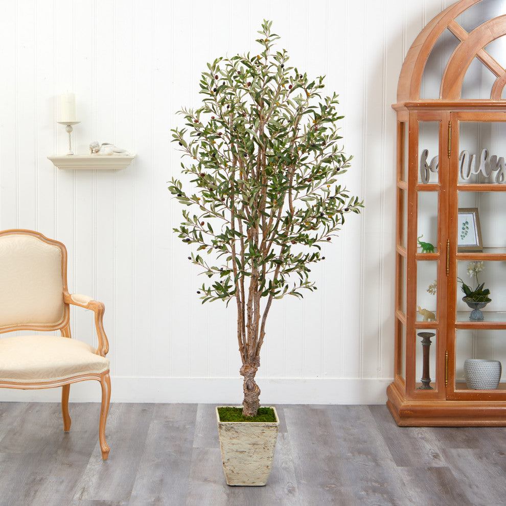 6.5' Olive Artificial Tree, Country White Planter