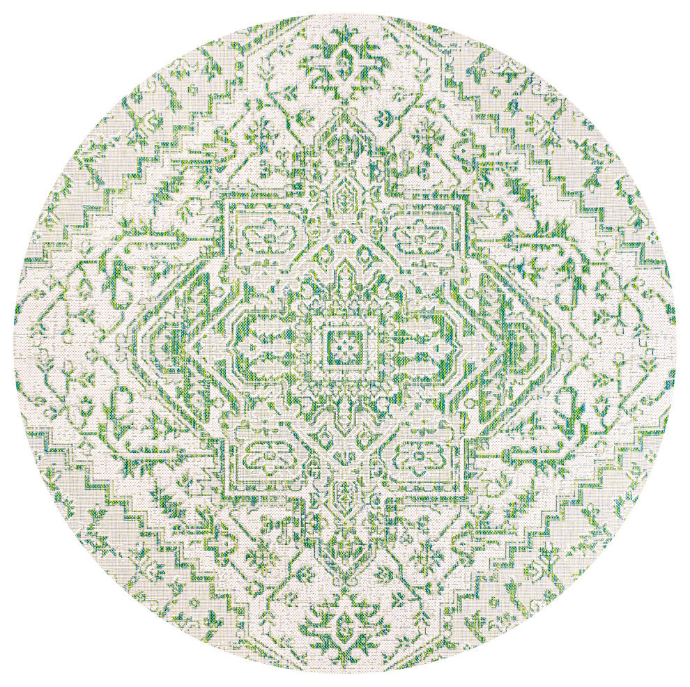 Estrella Bohemian Medallion Textured Weave Indoor/Outdoor, Green/Cream, 5' Round