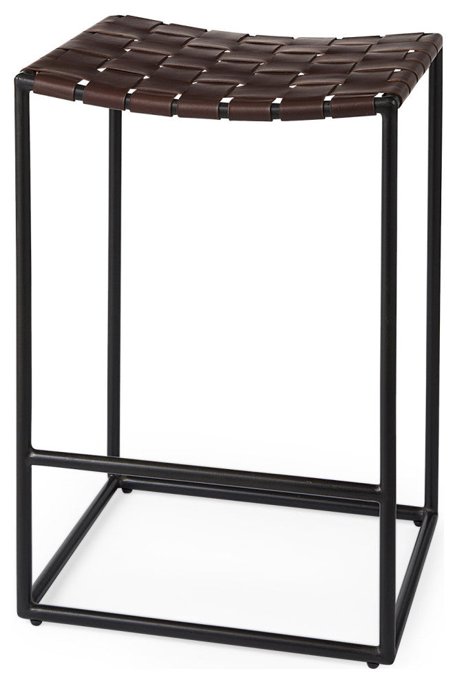 Clarissa Dark Brown Woven Leather Seat with Black Iron Frame Counter Stool