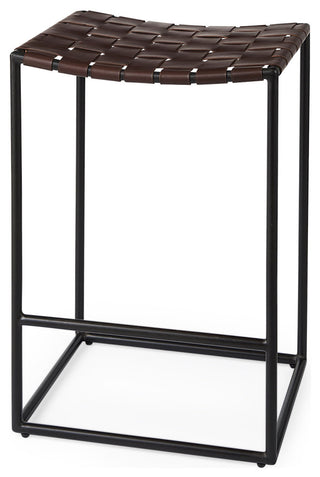 Clarissa Dark Brown Woven Leather Seat with Black Iron Frame Counter Stool