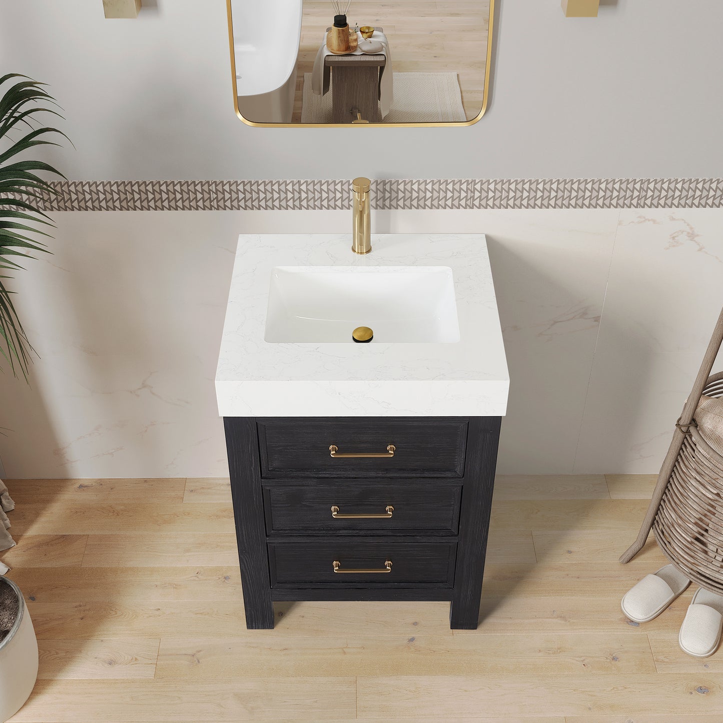 Leon Bath Vanity With Composite Stone Top, Fir Wood Black, 24", No Mirror