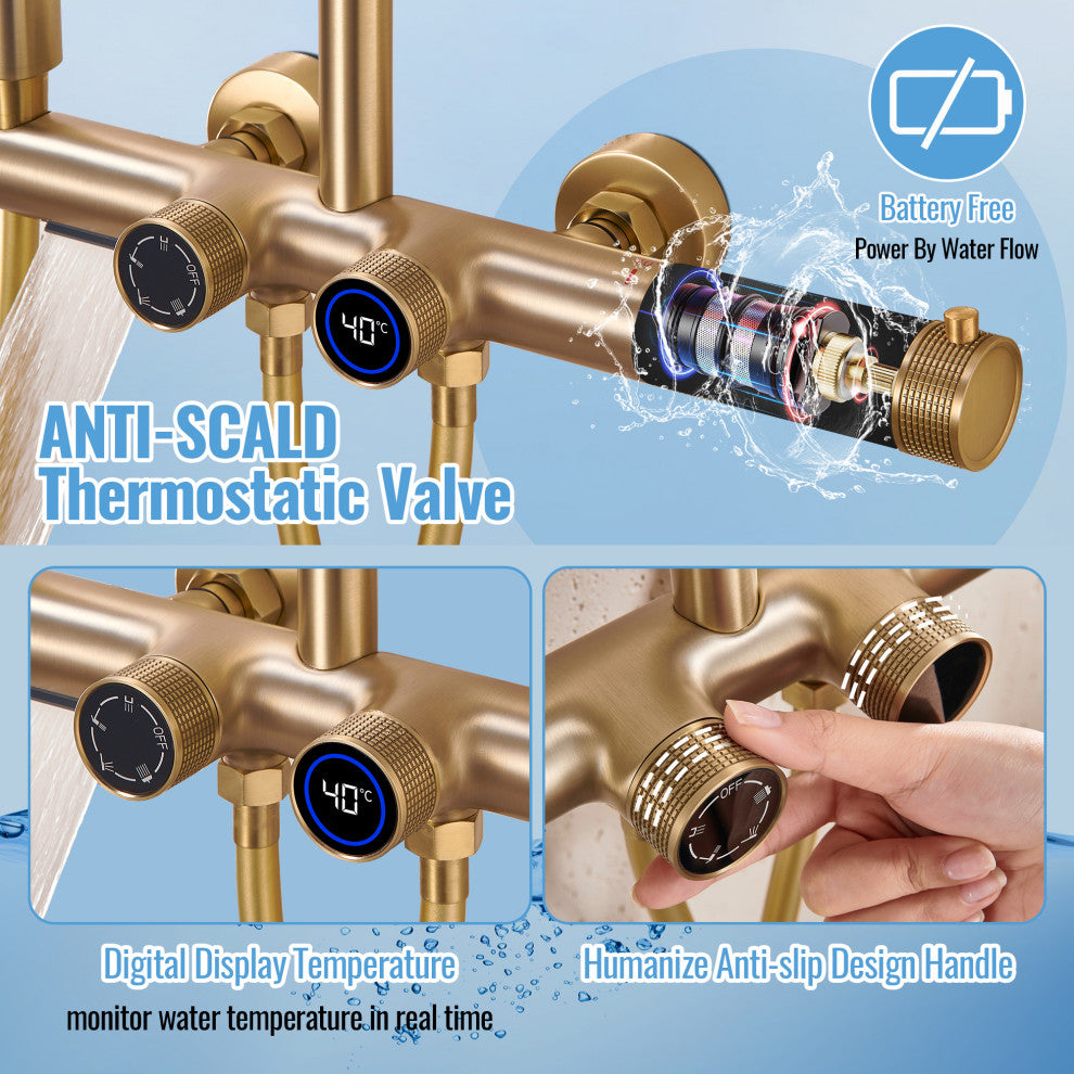 Exposed 4-Function Thermostatic Shower System with Spray Gun and Tub Spout, Brushed Gold