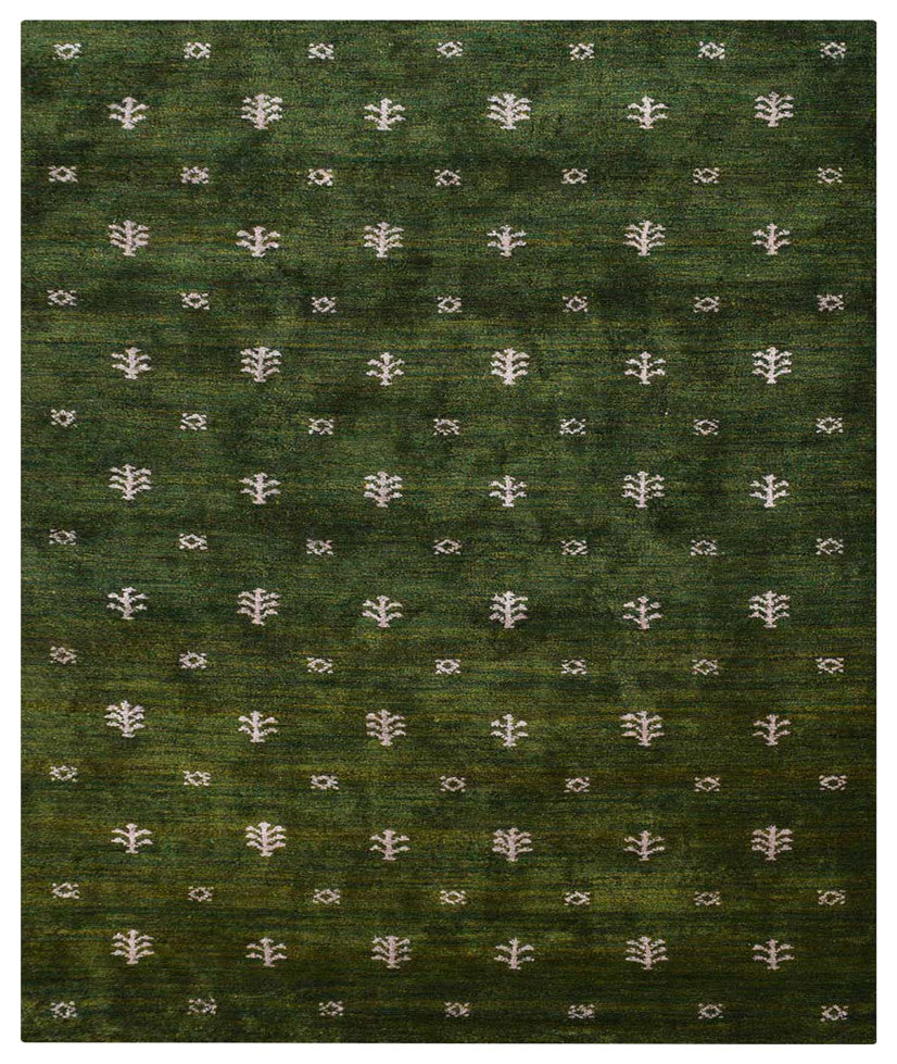 HAND KNOTTED LOOM SILK ECO-FRIENDLY RUG-10'x13',Rectangle,Green White,Contempora