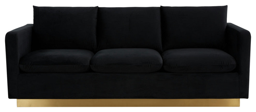 LeisureMod NS83BL Nervo Midnight Black Modern Mid-Century Gold Frame Velvet Sofa