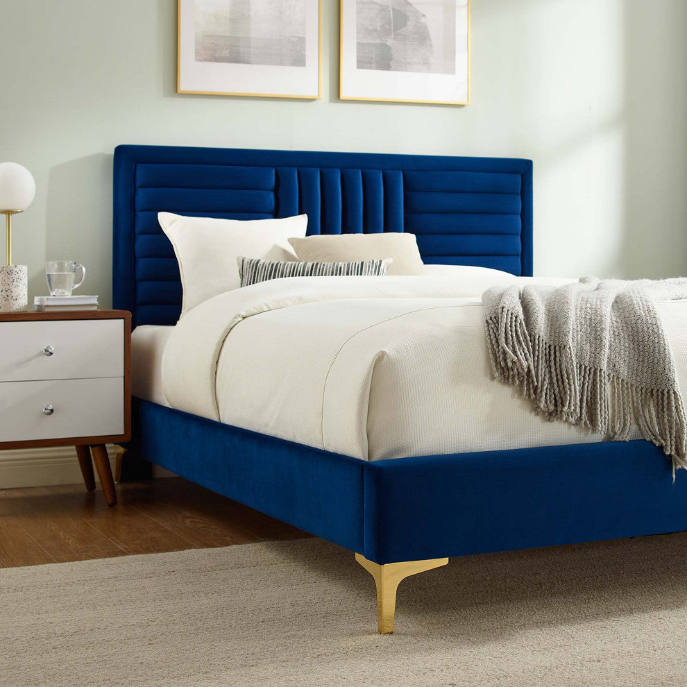 Sofia Channel Tufted Performance Velvet Twin Platform Bed, Navy