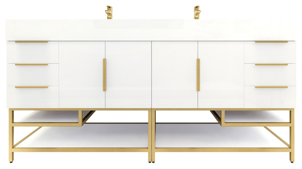 Madison 84" Free Standing Double Sink Vanity with Reinforced Acrylic Sink, High Gloss White