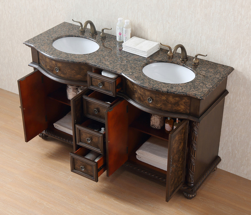 60" Amelia Double Sink Vanity, Baltic Brown Granite Top