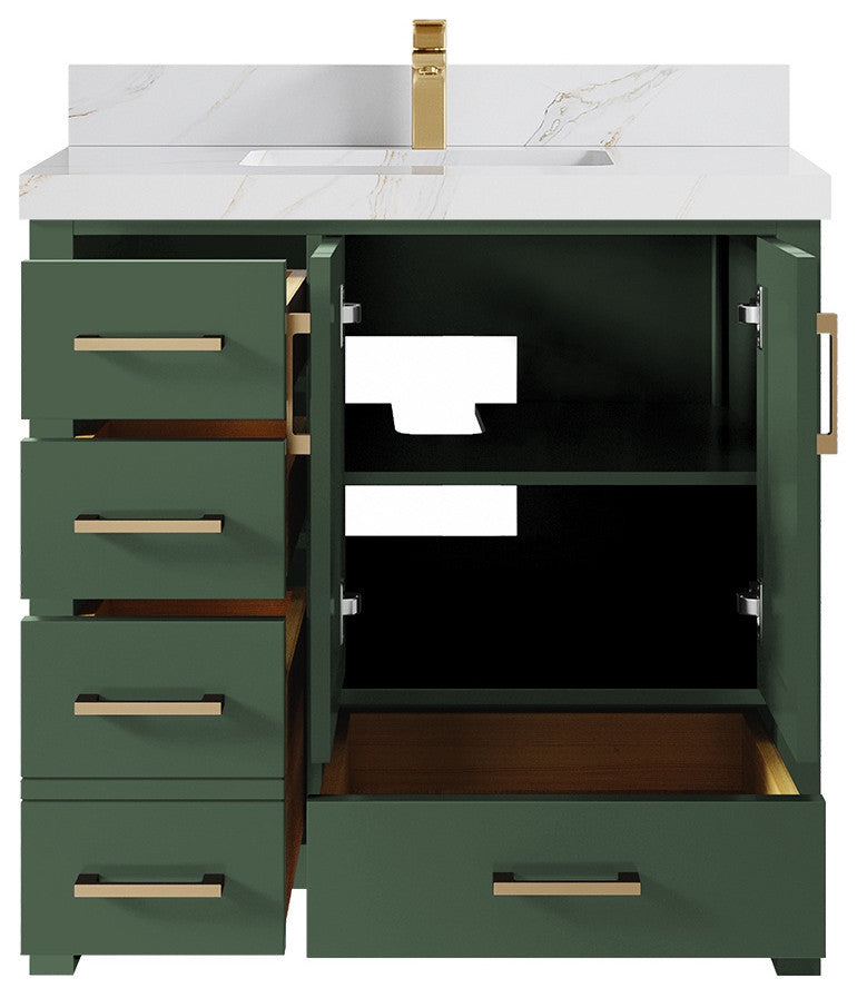 Malibu 36 Center Sink Bath Vanity in Lafayette Green 2" Calacatta Sienna