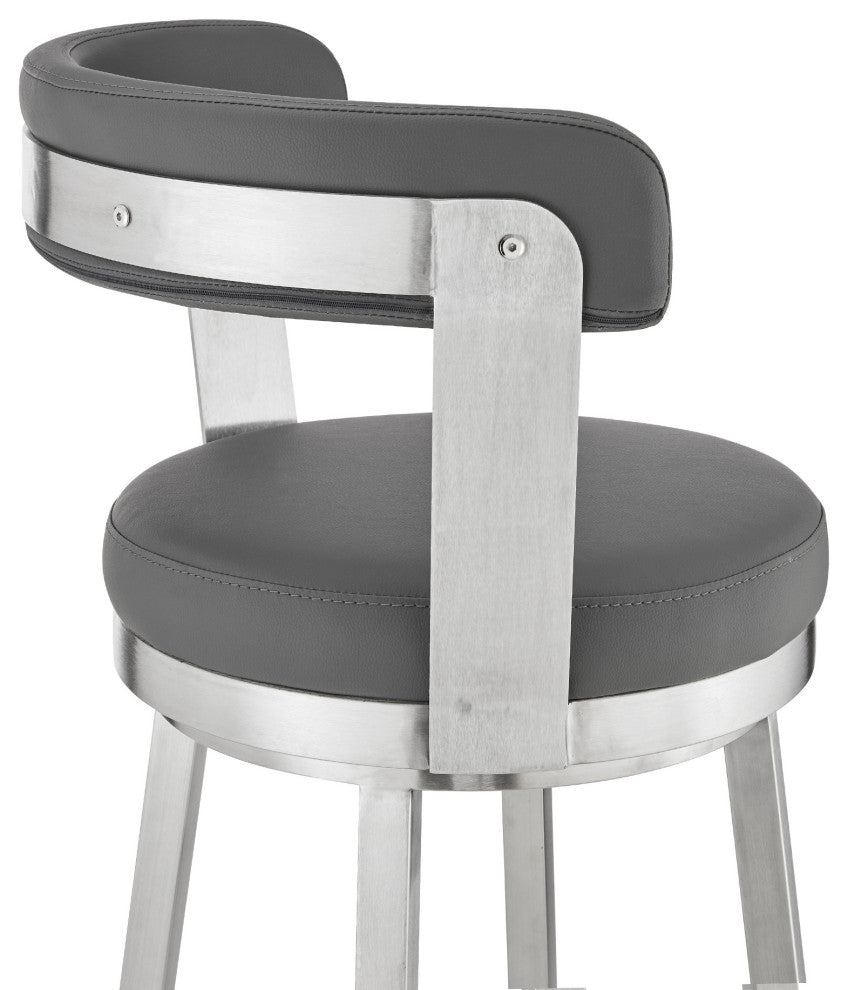 26" Chic Gray Faux Leather With Stainless Steel Finish Swivel Bar Stool