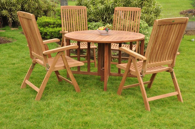 5-Piece Outdoor Teak Dining Set, 48" Round Butterfly Table, 4 Marley Arm Chairs