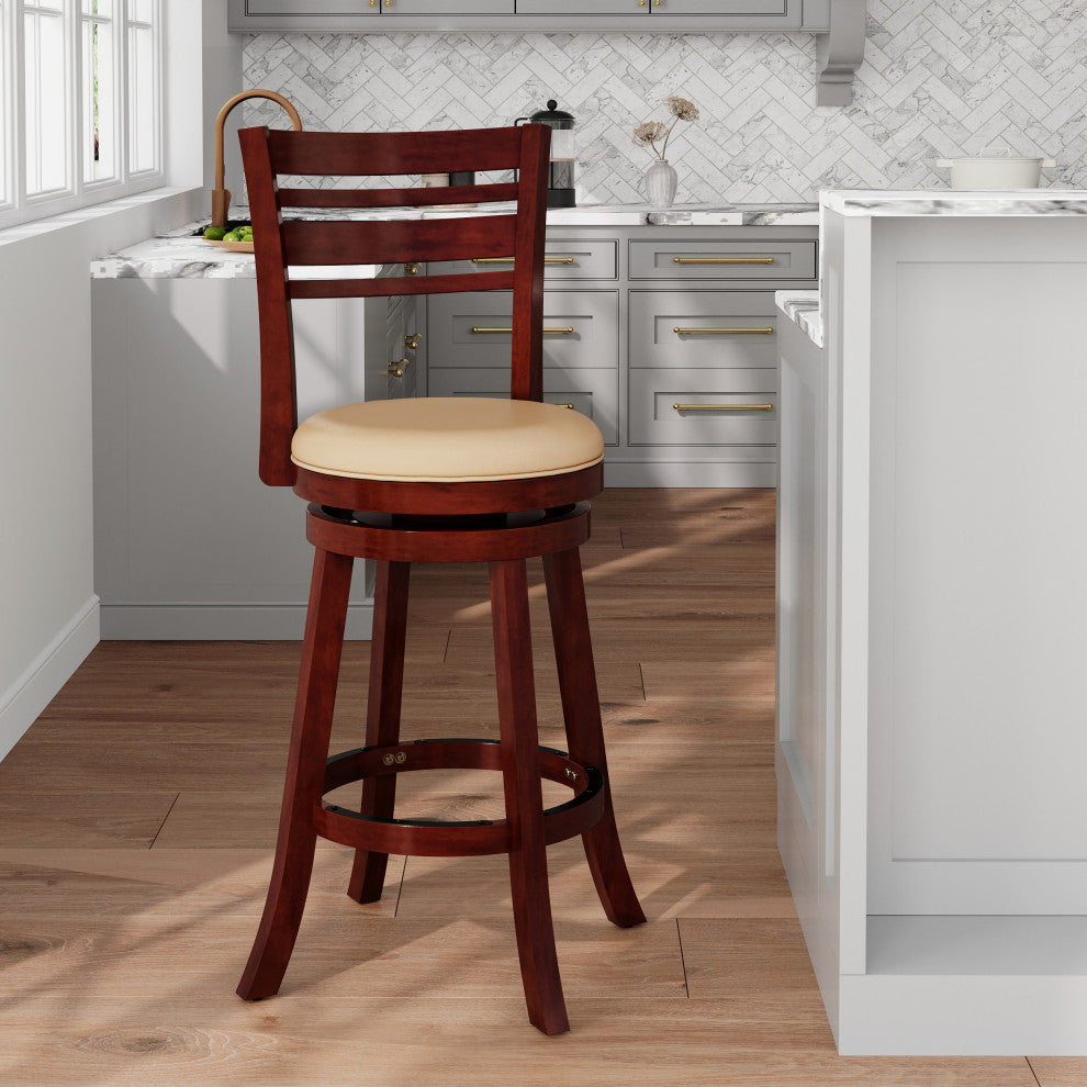 DTY Indoor Living Granby Slat Back  Swivel Stool, 30" Bar Stool, Cherry, Bone Leather