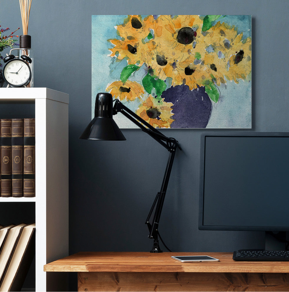 Sunflowers Yellow Green Watercolor Painting, 30"x40", Canvas Art