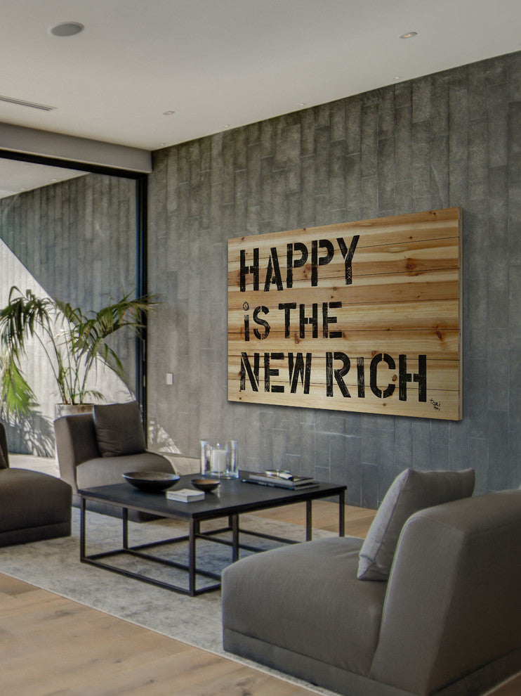"Happy Is the New Rich" Print on Natural Pine Wood by Tori Campisi