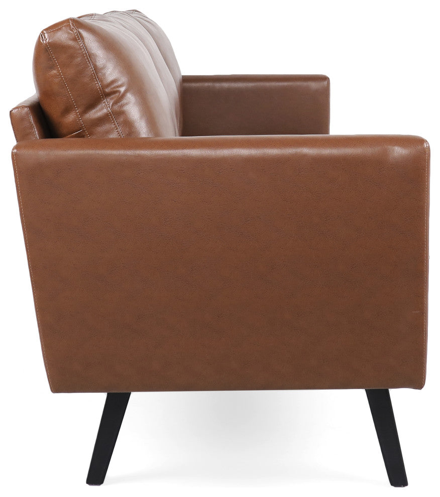 Dowd Mid Century Modern Faux Leather 3 Seater Sofa, Cognac Brown/Dark Brown