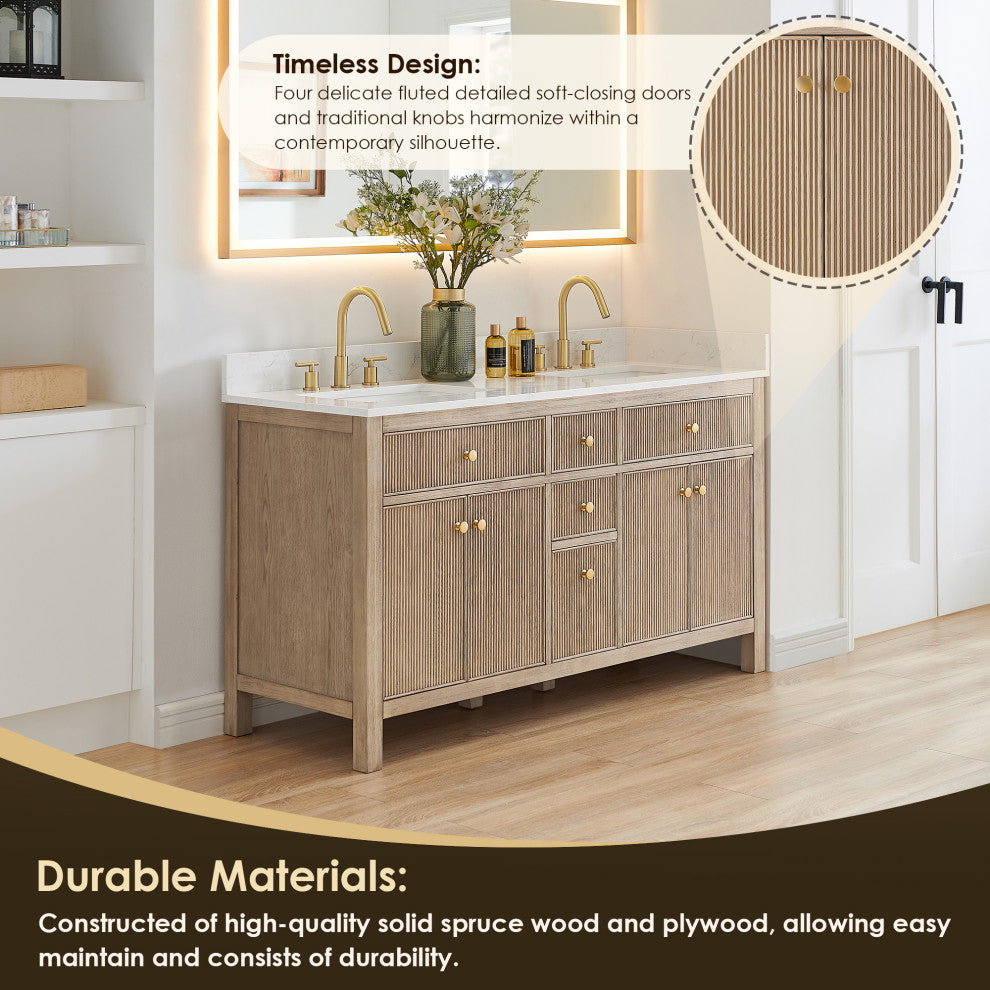 Cerrito Bathroom Vanity, Natural Oak, 60" Double, without Mirror