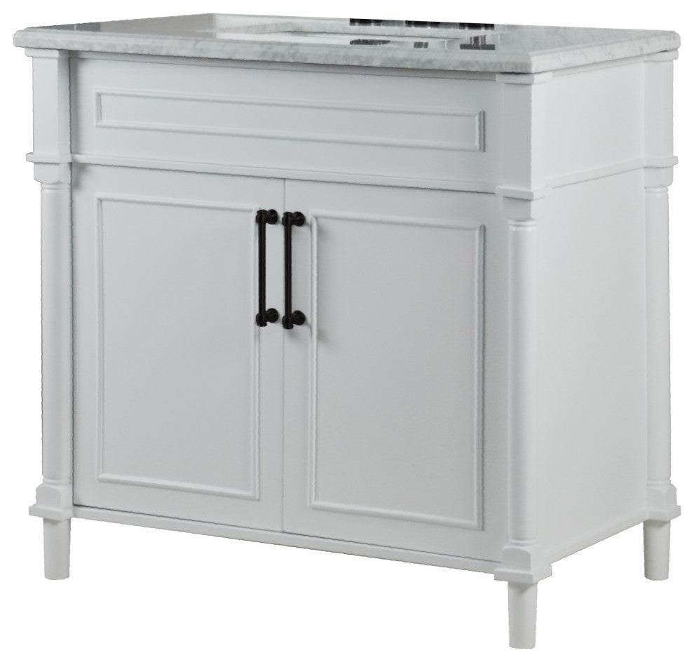 36" Single Vanity, White With White Carrara Marble Top