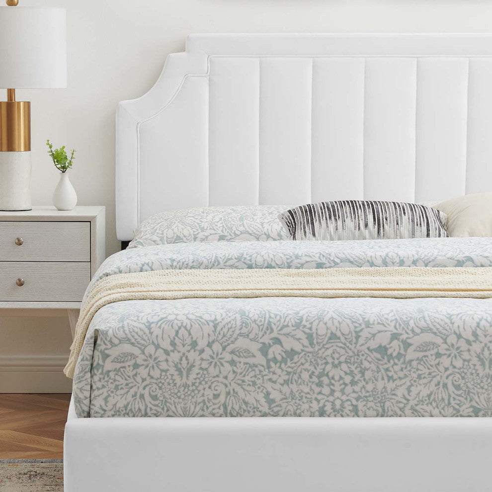 Platform Bed Frame, King Size, Velvet, White, Modern Contemporary, Bedroom