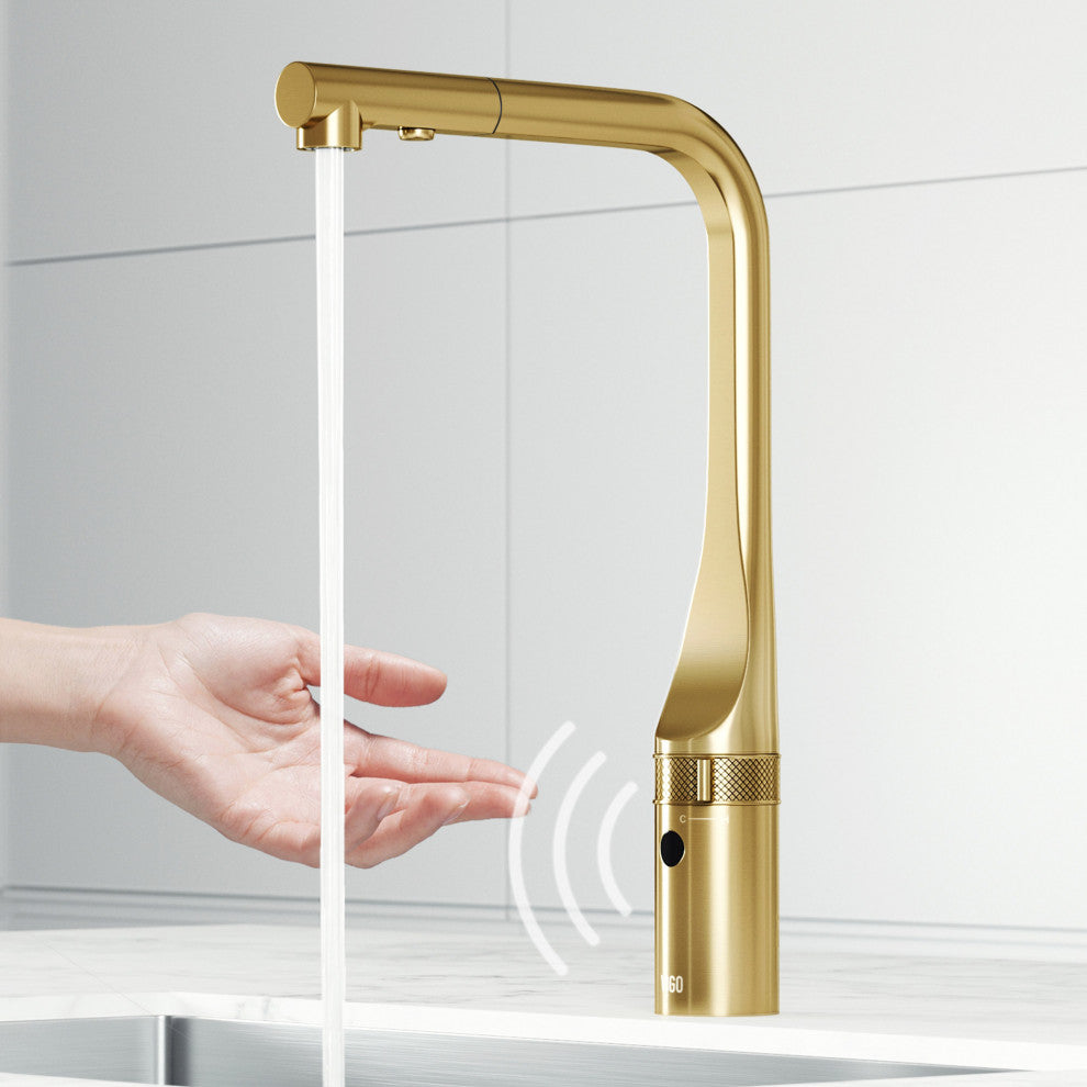 VIGO Jewel 15" H Touchless Pull-Out Sprayer Kitchen Faucet, Matte Brushed Gold