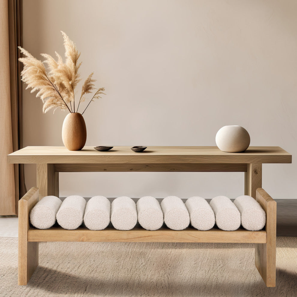 Waverly Boucle Fabric Upholstered Bench, Cream, 52" Wide, Natural Finish