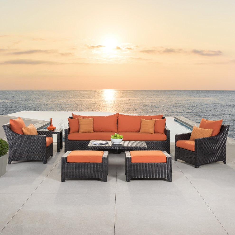 Deco 8 Piece Sunbrella Outdoor Patio Sofa and Club Chair Deep Seating Set, Sunset Orange