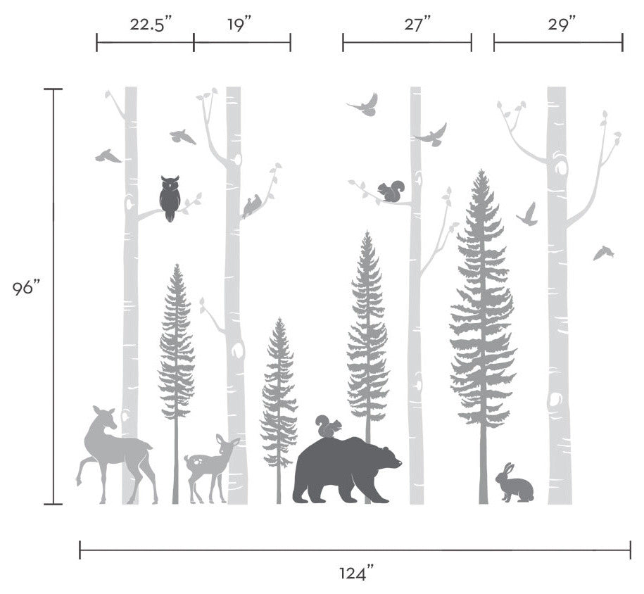 Birch Trees With Animals Wall Decal, Scheme B, 108" Tall Trees