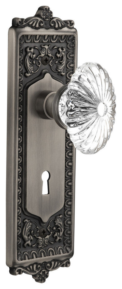 Egg and Dart Plate Passage Oval Fluted Crystal Glass Knob, Antique Pewter