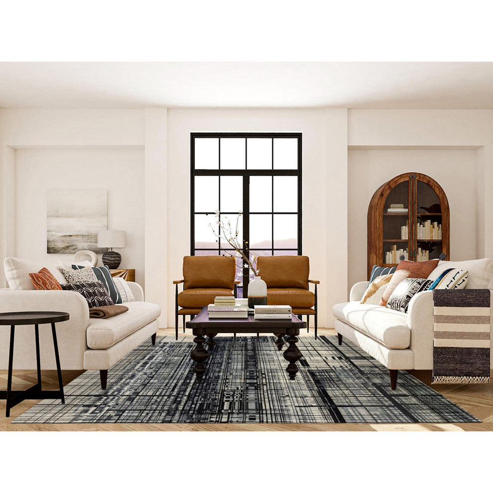 Black, Modern Lines Design, Ghazni Wool, Hand Knotted, Oriental Rug, 8'2" x 9'9"