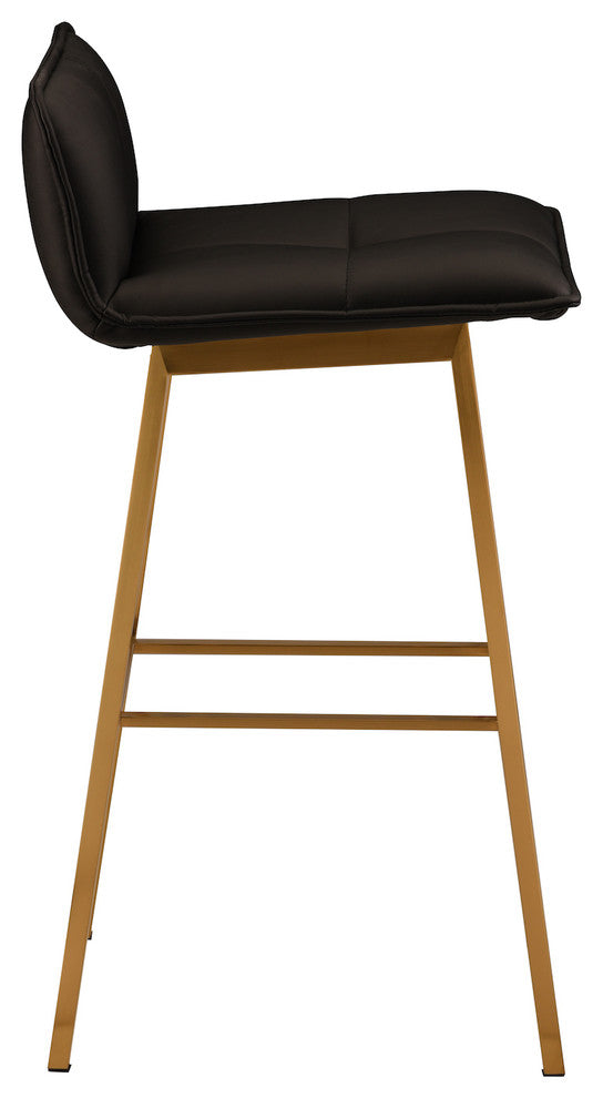 Sabrina Bar Stool, Black Naugahyde Leather, Brushed Gold