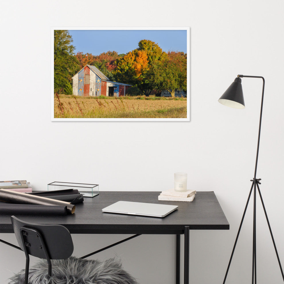 Patriotic Barn in Field Rural Landscape Framed Photo Paper Wall Art Prints, White, 24" X 36"