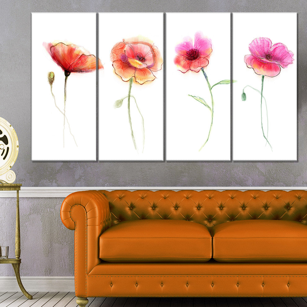 Watercolor Poppy Flowers Sketch, Flower Artwork on Canvas, 48"x28", 4 Panels