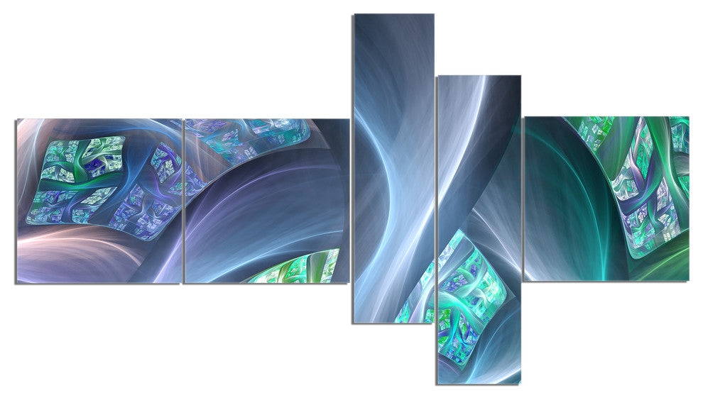 Blue Fractal Exotic Plant Stems, Abstract Canvas Art Print, 60"x32", 5 panels
