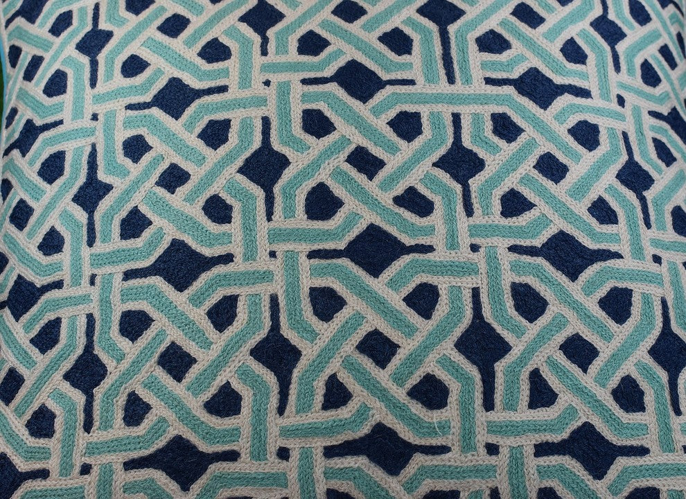 Mosaic Celtic Knot Turquoise Decorative Pillow Cover Handembroidered Wool 20x20"