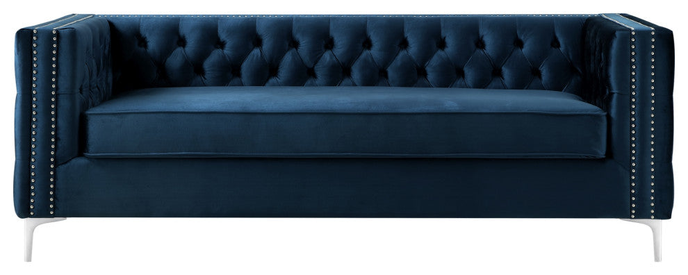 Jeannie Velvet 3-Seat Sofa Button Tufted With Metal Legs, Navy