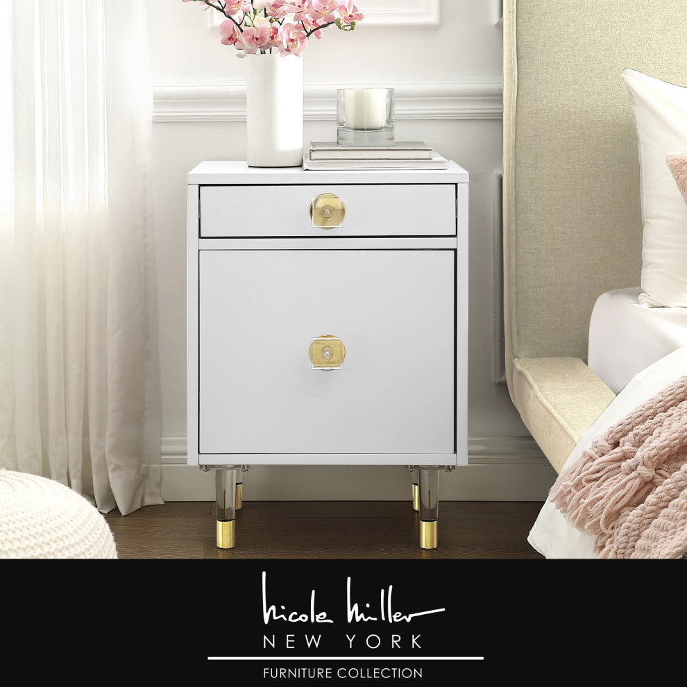 Nicole Miller Anatolio Nightstand High Gloss Acrylic Knob and Legs, White
