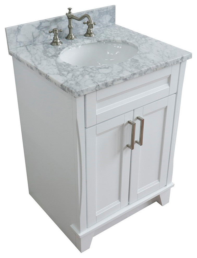 25" Single Sink Vanity, White Finish With White Carrara Marble And Oval Sink