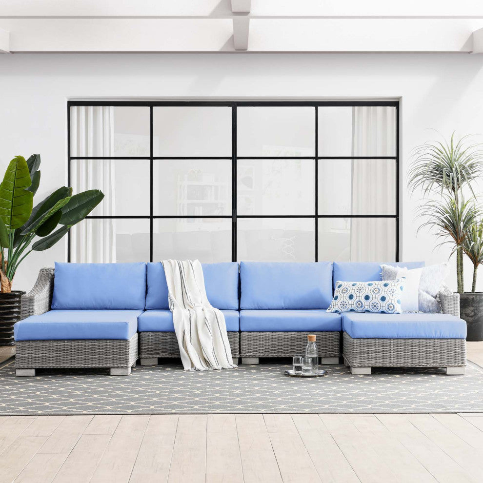 Lounge Sectional Sofa Chair Set, Rattan, Wicker, Gray Blue, Modern, Outdoor