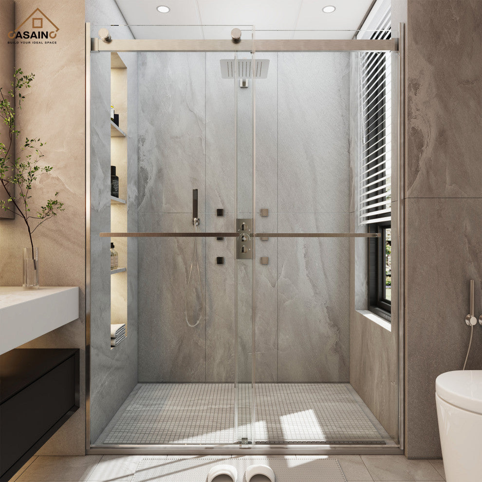 48-in x 76-in Frameless Sliding Shower Door, Brushed Nickel