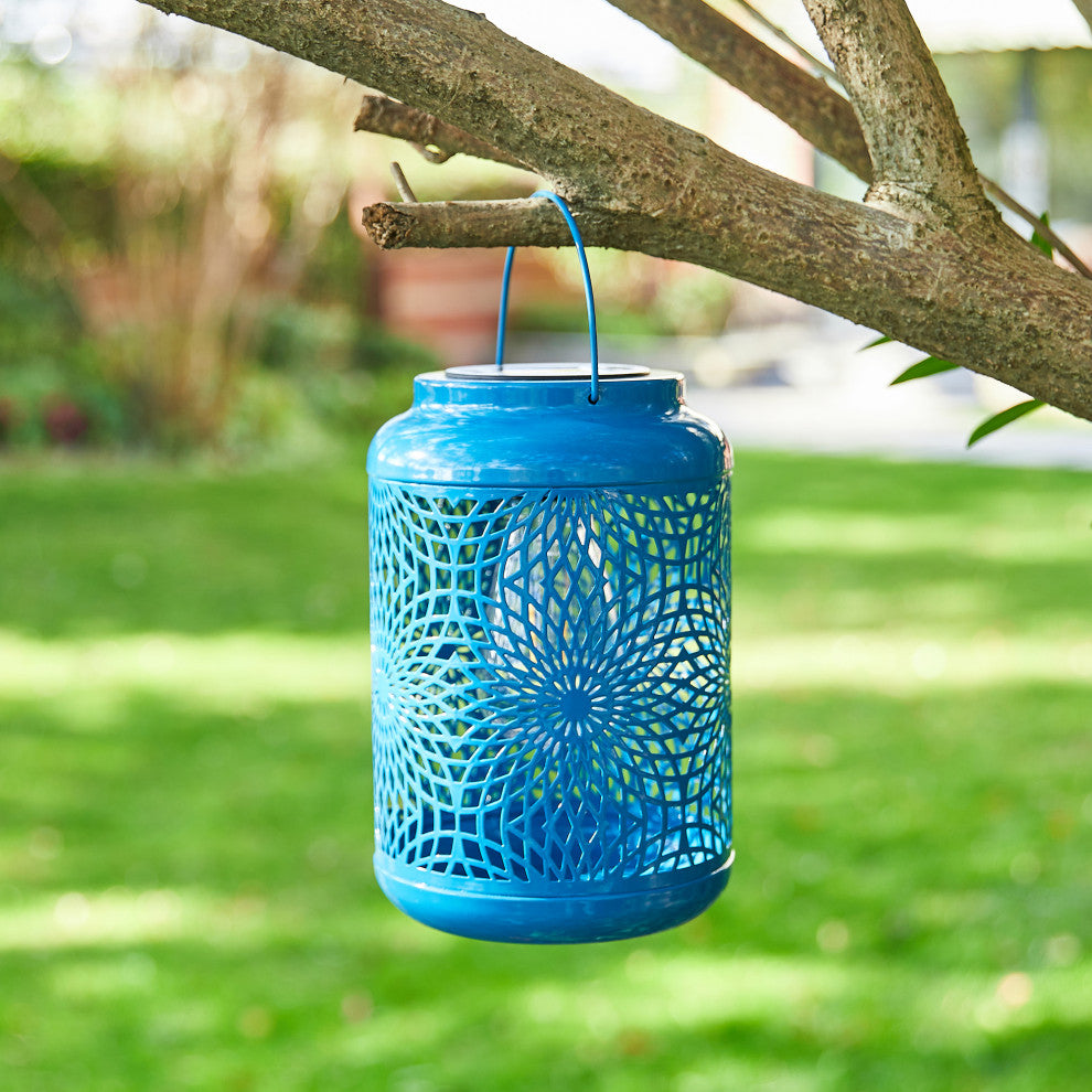 8.75"H Blue Metal Cutout Solar Powered  Lantern